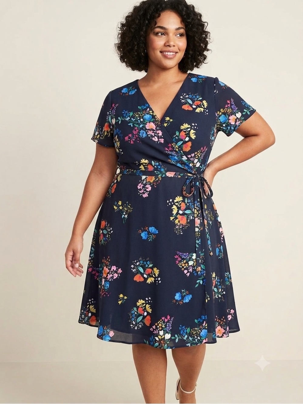 MOLLY BRACKEN Floral Wrap Dress - Navy Multicolor SIZE LARGE